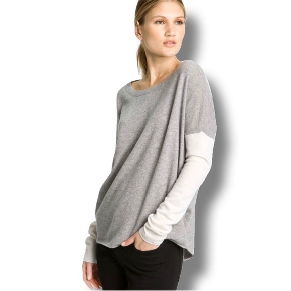 Vince Color Block Wool Cashmere Bateau Sweater Small Oversized Boxy Grey Cream - Picture 1 of 14